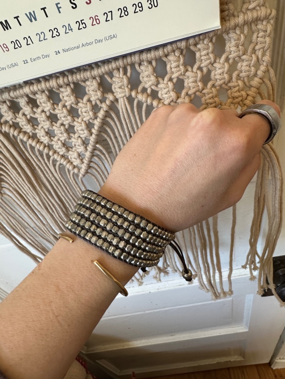 Multi-Row Silver Beaded Wrap Bracelet - Unbranded